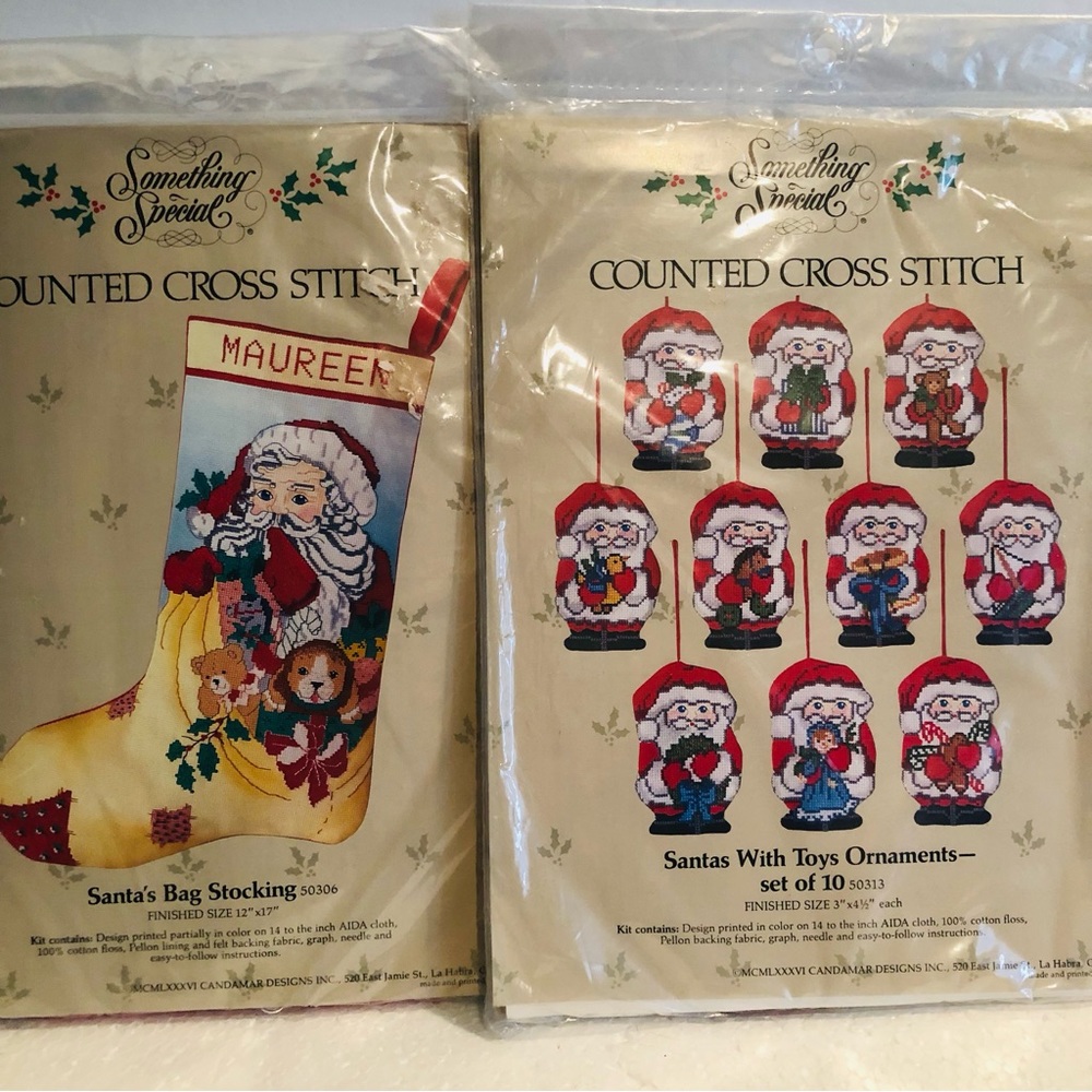 2 Sealed Vtg 1986 Christmas Counted Cross Stitch Stocking & Ornament Kits Santa